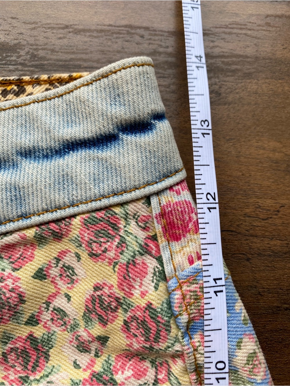 Anthropologie Floral Patchwork High-Rise Denim Shorts - Yellow/Blue - Picture 7 of 10